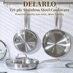 DELARLO Stainless Steel Pan丨10 Inch Skillet with Lid丨Oven Safe Up to 600℉丨Triply Stainless Steel Cookware丨Stainless Steel Pan 10 in丨Induction Compatible丨Fast Even Heat丨Large Cooking Surface