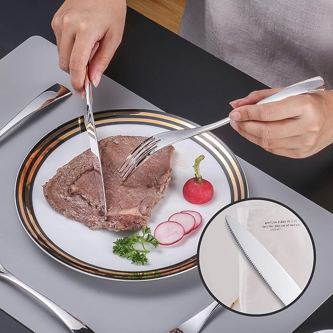 Lemeya 24-Piece Silverware Set with Steak Knives,Forged 18/10 Stainless Steel Cutlery Set for 4,Modern Heavy Duty Flatware Utensils Set,Forks Spoons and Knives Set, Mirror Polished,Dishwasher Safe