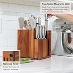 KitchenEdge Acacia Magnetic Knife Block and Cooking Utensil Holder, Sleek Storage for Chefs Knives, Steak Knives, Spatulas, Scissors, Non-Slip Rubber Feet, Easy to Clean, Kitchen Countertop Organizer