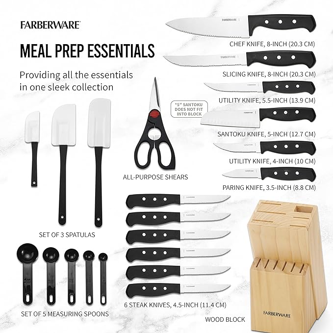 Farberware 22-Piece Never Needs Sharpening Triple Rivet High-Carbon Stainless Steel Knife Block and Kitchen Tool Set, Black, Durable ANDPrecision Cutlery