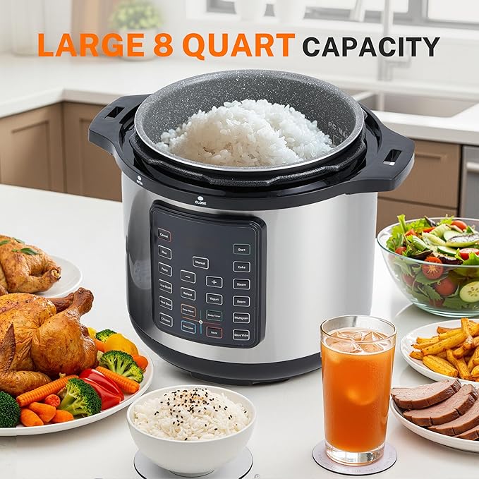 Simple Deluxe 16-in-1 Electric Pressure Cooker, 8QT Stainless Steel & Non-Stick Multi Cooker for Slow Cook, Meat Stew, Cake, Porridge, Multigrain, Dishwasher Safe, Silver