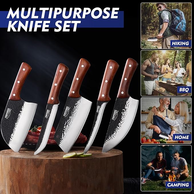 Butcher Knife Set 5PCS, Hand Forged Kitchen Knives Set Serbian Chef Knife Set, Meat Cleaver Boning Carving Knives Set for Home、Camping、BBQ