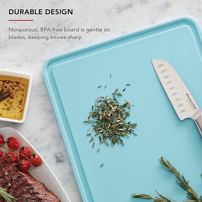 KitchenAid Classic Plastic Cutting Board with Perimeter Trench and Non Slip Edges, Dishwasher Safe, 12 inch x 18 inch, Blue