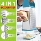 Spring Chef Professional 10" Parmesan Cheese Grater With Container, Stainless Steel & Soft Grip Handle, 4 Sided Kitchen Cheese Shredder Handheld Box Grater for Vegetables, Carrot, Ginger - Aqua Sky