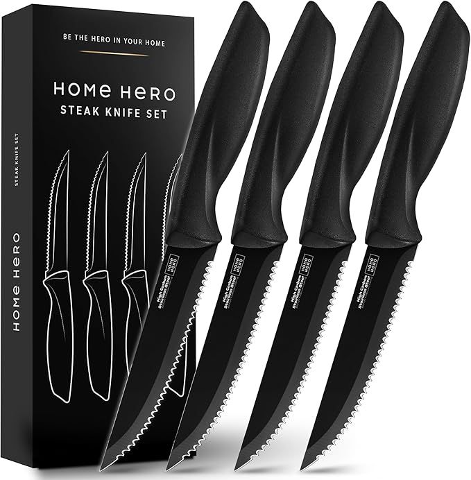 Home Hero Steak Knife Set - Effortless Cutting & Serrated Steak Knives - Rust-Resistant Stainless Steel Blades & Cutlery Set - Comfort-Grip Handles & Kitchen Knife Set - Pack of 4, Black