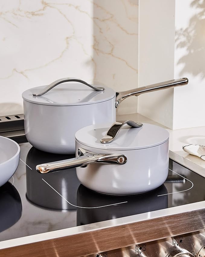 Caraway Nonstick Ceramic Sauce Pan with Lid (1.75 qt) - Non Toxic, PTFE & PFOA Free - Oven Safe & Compatible with All Stovetops (Gas, Electric & Induction) - Navy