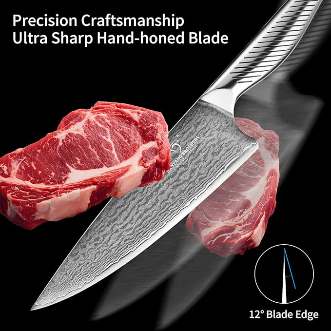 NANFANG BROTHERS® 7 Pieces Damascus Kitchen Knife Set, High Carbon Stainless Steel Damascus Steel Chef Knife Set, Stainless Steel Ergonomic Handle for Chef, Knife Block Set for Chopping NF