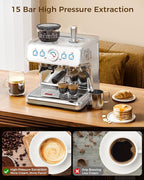 COWSAR Commercial Espresso Machine 15 Bar, Semi-Automatic Espresso Maker with Bean Grinder & Milk Frother Steam Wand, Removable Water Reservoir, Self-Cleaning, Ideal for Cappuccino, Stainless Steel