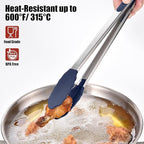 Doosu Kitchen Tongs for Cooking - 600°F Heat Resistant Food Tong with Non-Scratch Silicone Tips, Heavy Duty Stainless Steel Locking Tong for BBQ, Grilling Steak, Serving Salad Pasta (16in, Navy Blue)