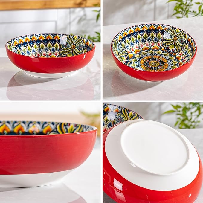 Red & Blue Large Serving Bowls Set of 2, Bohemian Style 10" Large Ceramic Bowls for Entertaining and Party, Bowls for Pasta Soup Fruit Ramen Cereal, Dishwasher Oven Safe