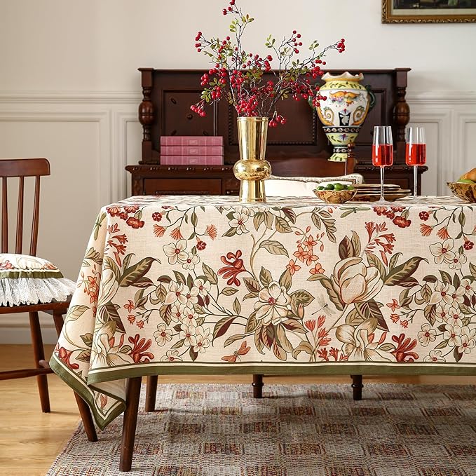 ISAENNE Designer Bohemian Linen Rectangular Tablecloth,Colorful Floral Pattern Table Cloth,Wrinkle Resistant Decorative Tablecloths for Dining Thanksgiving Kitchen Party,55"*87"-Grace A
