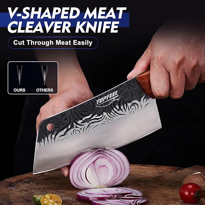 Butcher Knife Set 5PCS, Hand Forged Kitchen Knives Set Serbian Chef Knife Set, Meat Cleaver Boning Carving Knives Set for Home、Camping、BBQ