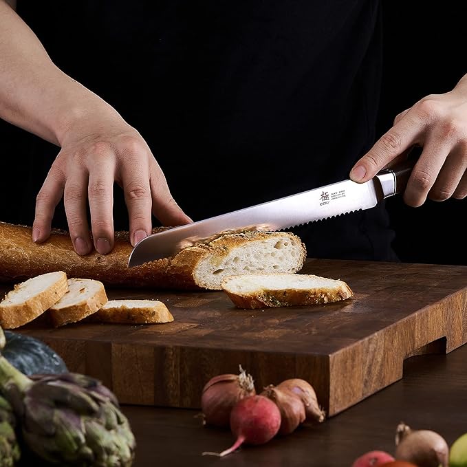 KYOKU 10 Inch Bread Knife - Daimyo Series - Serrated Knife with Ergonomic Rosewood Handle, and Mosaic Pin - Japanese 440C Stainless Steel Bread Cutter with Sheath and Case