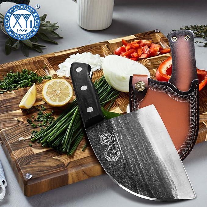 XYJ Authentic Since 1986,6 Inch Serbian Chef Knife With Sheath,Handmade Forged Ancient Outdoor Camping Kitchen Butcher Knife,Vegetable Cooking Meat Knives,Full Tang