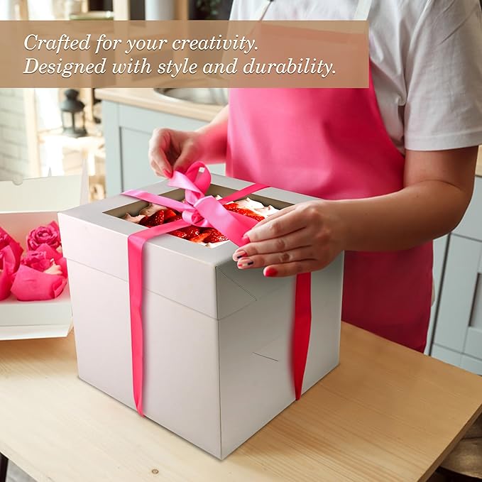 Cakebon Cake Boxes with Boards - 12 Inch Round Cake Drum Black - Box With Window for Birthdays, Weddings and Parties (1pc Each, 2pcs Total)