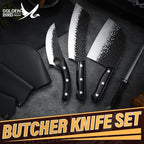 Golden Bird Butcher Knife Set - 4pcs Hand Forged Meat Cleaver Knife & Serbian Chef Knives & Sharp Viking Knives for Meat Cutting, Camping, BBQ, Christmas Gifts for Men Women