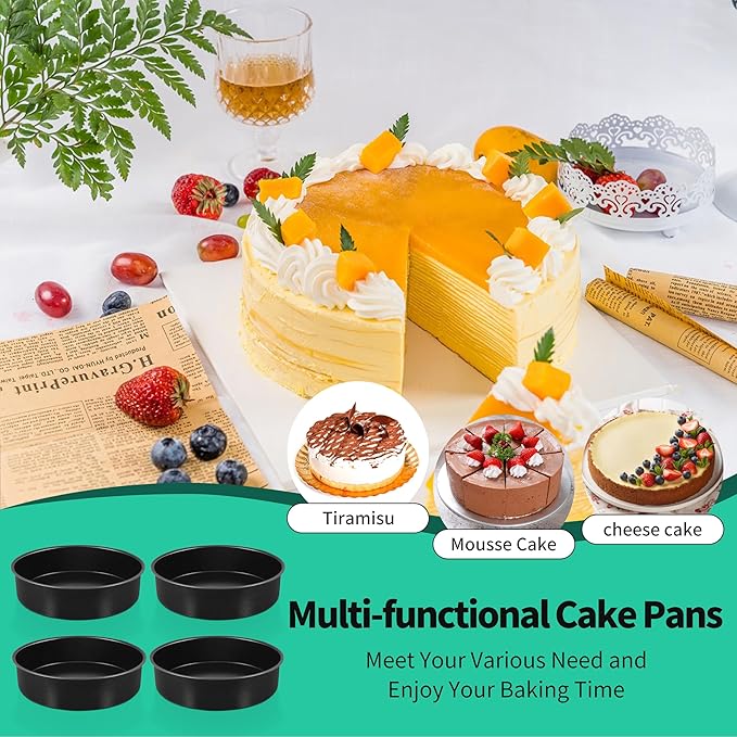P&P CHEF Non-stick Cake Pan Set of 4, 8 Inch Round Baking Cake Pans Tins for Tier Smash Cakes, Non-Toxic & Solid, Stainless Steel Core & Leak-Proof, 4Pcs