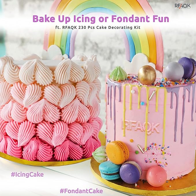 RFAQK 230PCs Cake Decorating Supplies Kit, Cake Decorating Set with Cake Turntable, Piping Bags and Tips, Modeling Tools, Cookie Plunger Cutters, Icing Smoother & Other Accessories for Cake Decoration