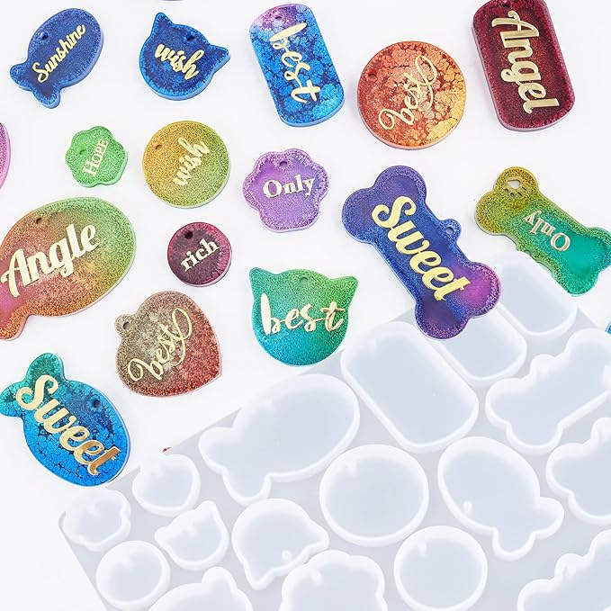 Actvty Pet Tag Resin Mold Silicone, Dog Tag Molds for Resin, Dog Bone Cat Shaped Keychain Silicone Resin Molds with 15Pcs Keychains DIY Crafts Making Tag Charm Pendant