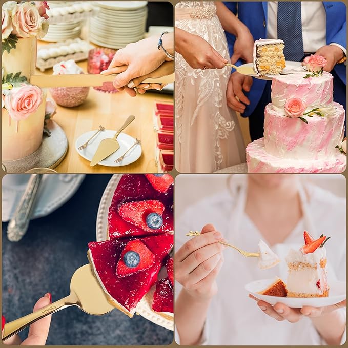Wedding Cake Cutting Set, Elegant Wedding Cake Knife and Server Set with Thick Stainless Steel Wide Handle, Cake Cutting Set for Wedding Anniversary Christmas, Cake Cutter, 2 Cute Forks and Bows, Gold