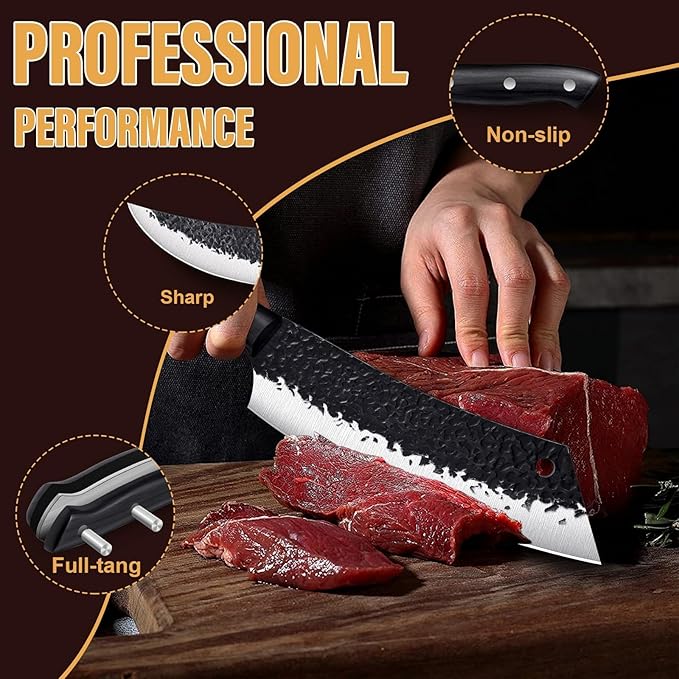 Golden Bird Butcher Knife Set - 4pcs Hand Forged Meat Cleaver Knife & Serbian Chef Knives & Sharp Viking Knives for Meat Cutting, Camping, BBQ, Christmas Gifts for Men Women