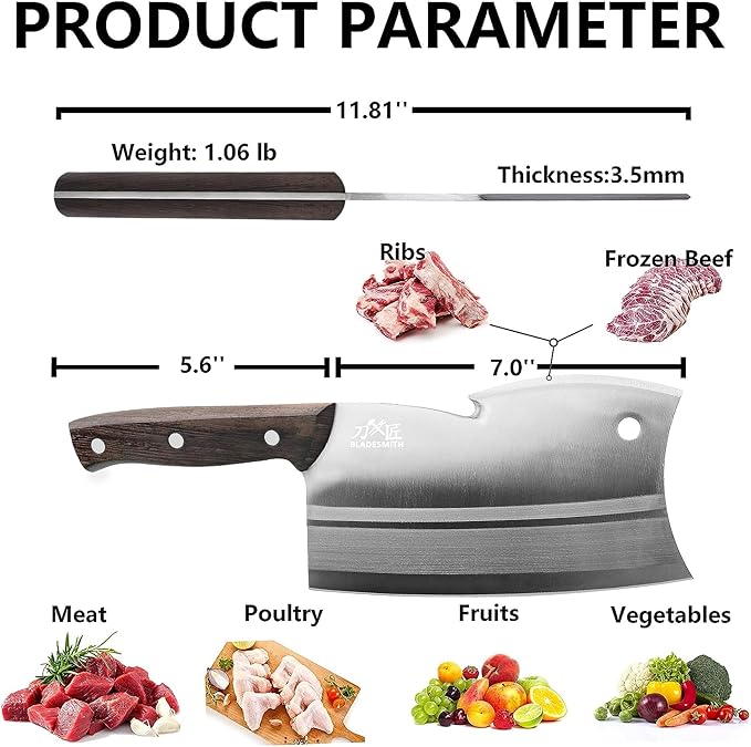 BLADESMITH Meat Cleaver, Multi-Purpose Dual Edges Butcher Knife, Heavy Duty Chopper Knife for Bone Cut with Ergonomic Wenge Handle