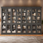 70.8" Bookshelf with Glass Doors, Farmhouse Modular Bookcase with 6-Tier Adjustable Shelves, Large Storage Cabinet for Living Room & Home Office, Set of 4, Black