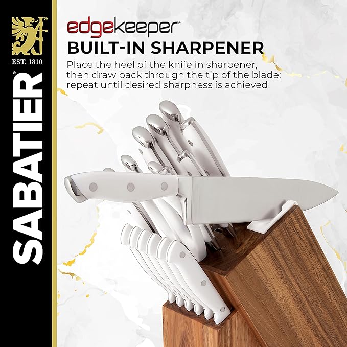 Sabatier Forged Triple Rivet Built-In Edgekeeper Sharpener, 18-Pieces, High-Carbon Stainless Steel Kitchen Knives, Razor-Sharp Knife set with Acacia Wood Block, White