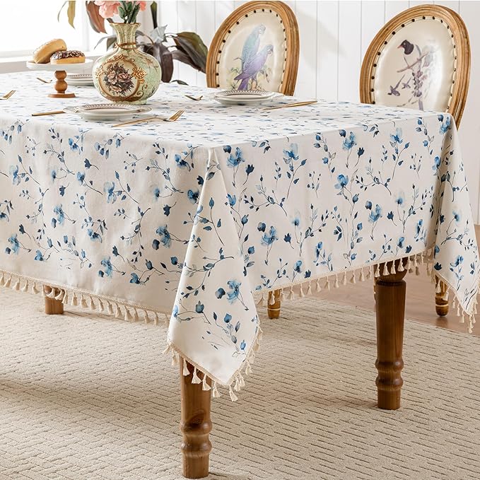 Rectangle Tablecloth Pastoral Style, Waterproof & Stain Resistant Table Cloth Wrinkle Free Table Cover for Dining/Kitchen/Patio, Washable Indoor & Outdoor Use, 55"X86" Blue