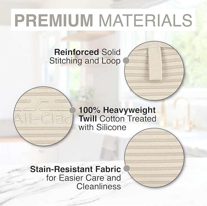 All-Clad Premium Pot Holder & Hot Pad: Heat Resistant to 500 Degrees - 100% Cotton, 10"x6.25" Hot Pad for Kitchen and Barbeque, (2-Pack), Almond
