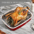 KITESSENSU Nonstick Turkey Roasting Pan with Rack 17 x 14 inch - Large Chicken Roaster Pan for Oven - Wider Handles & Heavy Duty Construction - Suitable for 24lb Turkey, Red