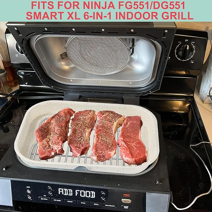 Non-Stick Griddle Pan and Roasting Rack for Ninja FG551/DG551 Smart XL 6-in-1 Indoor Grill, Upgraded Ceramic Flat Top Griddle & Stainless Steel Grill Steamer Rack for Ninja Air Fryer Accessories,White