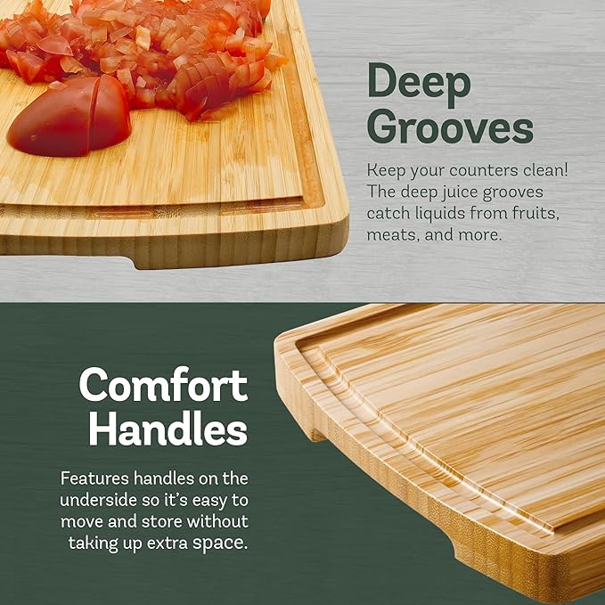 Bambüsi Wood Cutting Boards for Kitchen - Bamboo Cutting Board Set with Deep Juice Groove & Side Handles - Chopping Board Butcher Block for Meat, Vegetables, Charcuterie, Cheese, Serving, or Meal Prep