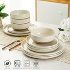 AmorArc Ceramic Dinnerware Sets for 6, 18 Pieces Handpainted Plates and Bowls Set with Rustic Terracotta Underside, Scratch Resistant Stoneware Dishes Set, Dishwasher & Microwave Safe,Light Beige