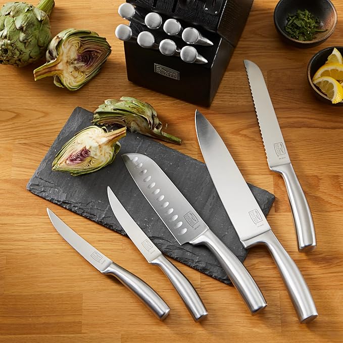 Chicago Cutlery Malden (16-PC) Kitchen Knife Block Set With Wooden Block & Built-In Sharpener, Contoured Handles and Sharp Stainless Steel Professional Chef Knife Set & Scissors