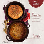 Cuisinel Cast Iron Dutch Oven 7-Quart - Pre-Seasoned 2-in-1 Deep Pot Multi-Cooker - Combo Lid Doubles as 12" Skillet Frying Pan + Silicone Handle Covers + Scraper/Cleaner - Indoor/Outdoor Cookware