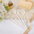 Supernal 180pcs Plastic Silverware Heavy Duty Ivory Plastic Utensils Cutlery Disposable Beige Plastic Cutlery Include 60 Plastic Forks,60 Plastic Knvies,60 Plastic Spoons for Party,Wedding