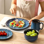 Hasense Plates and Bowls Set, 12 Pieces Ceramic Reactive Glaze Dinnerware Set of 4, Chip and Scratch Resistant Dinner Dishes Service, Handmade Serving Dish, Blue