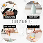 Country Kitchen Non Stick Silicone Utensil Set with Rounded Wood Handles for Cooking and Baking, 14 Piece Set, Mint