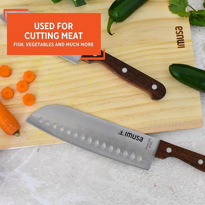 IMUSA, 2pc 5" & 7" Santoku Knife Set w/Wood Handle, Stainless Steel Kitchen Cooking Knifes