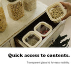 4pcs 40oz Square Pantry Glass Jars with Clear Airtight Lids Kitchen Canisters Sets for Flour, Sugar Refrigerator Safe, Patent Approved