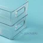 Plastic Food Storage 4 Pack Clear Container Bin with Handles for Organizing Kitchen, Pantry, Refrigerator, Freezer, Pantry, Cabinet, Closet, Bathroom. Stackable 10”x6”x3”