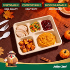 JOLLY CHEF Compostable 𝟱 Compartment Paper Plates 10*8.25*1 𝗶𝗻𝗰𝗵 [𝟱𝟬𝟬 𝗣𝗮𝗰𝗸] Small Heavy Duty Divided Disposable Eco-Friendly Biodegradable Food Trays for School Thanksgiving Day(Brown)
