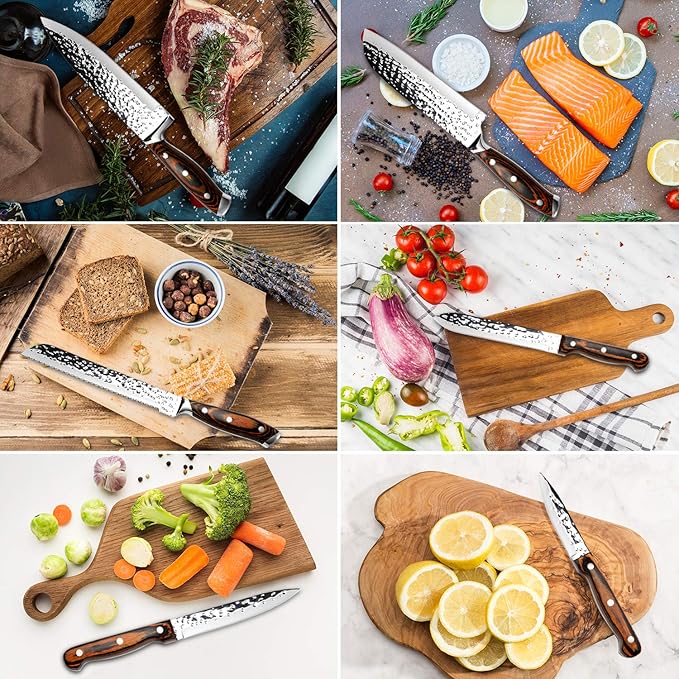 Kitchen Knife Set,15-Piece Knife Set With Block Wooden,Self Sharpening For Chef Knife Set,High Carbon Japan Stainless Steel Hammered Collection Knife Block Set with Steak Knives, Boxed Knife Set