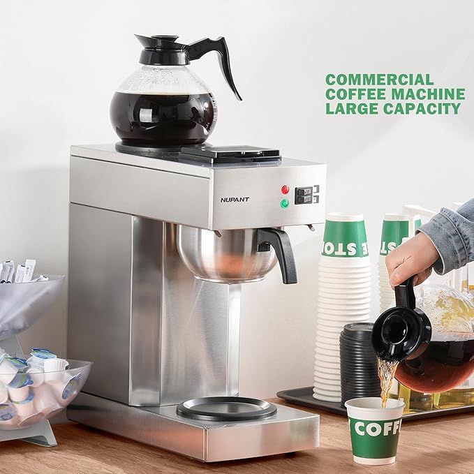 12-Cup Coffee Maker 1.8L Commercial Drip Coffee Maker Pour Over Coffee Machines with 2 Glass Carafes and 2 Warmers Plate Stainless Steel Coffee Brewer for Cofe Bar and Restaurant