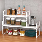 Expandable Kitchen Cabinet Storage Shelf, Stackable Metal Pantry Storage Shelves Organizer, Adjustable Height Counter Spice Rack for Kitchen Cabinet, Countertop, Pantry and Office