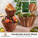 Wooden Salad Bowl Set, Salad Bowls Set of 3 - Wavy Design Salad Bowl Set for Serving, Handmade, Durable and Stylish Natural Wood Dining Accessory by Woodenhouse