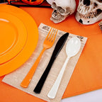 NOCCUR 180PCS Halloween Plastic Silverware Set - Tricolor Flatware Disposable Supplies Include 60 Black Knives, 60 Orange Forks, 60 White Spoons - Ideal for Thanksgiving Party