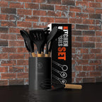 Silicone Cooking Utensils Set - 446°F Heat Resistant Silicone Kitchen Utensils for Cooking,Kitchen Utensil Spatula Set w Wooden Handles and Holder, BPA FREE Gadgets for Non-Stick Cookware (Black)