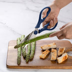 Rae Dunn Kitchen Scissors- Stainless Steel Kitchen Shears, Cooking Scissors for Cutting Meat, Chicken, Herbs and Produce with Blade Cover and Soft Grip Handles (Blue)